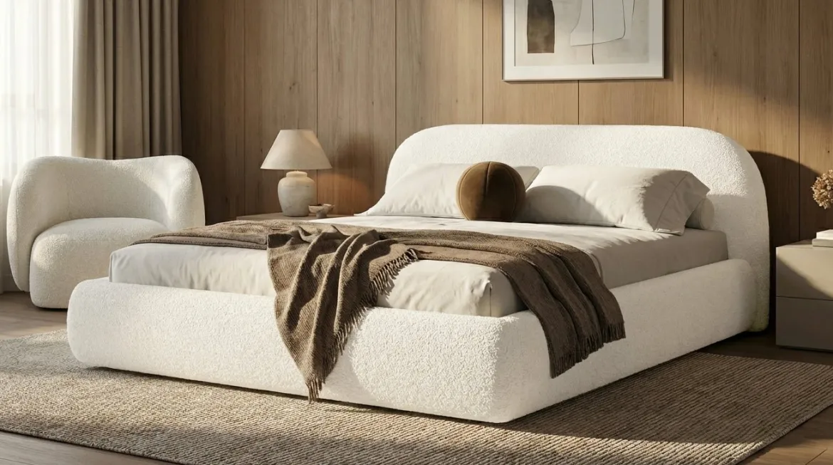 Designer Polsterbett Luma in Bouclé mit Stauraum