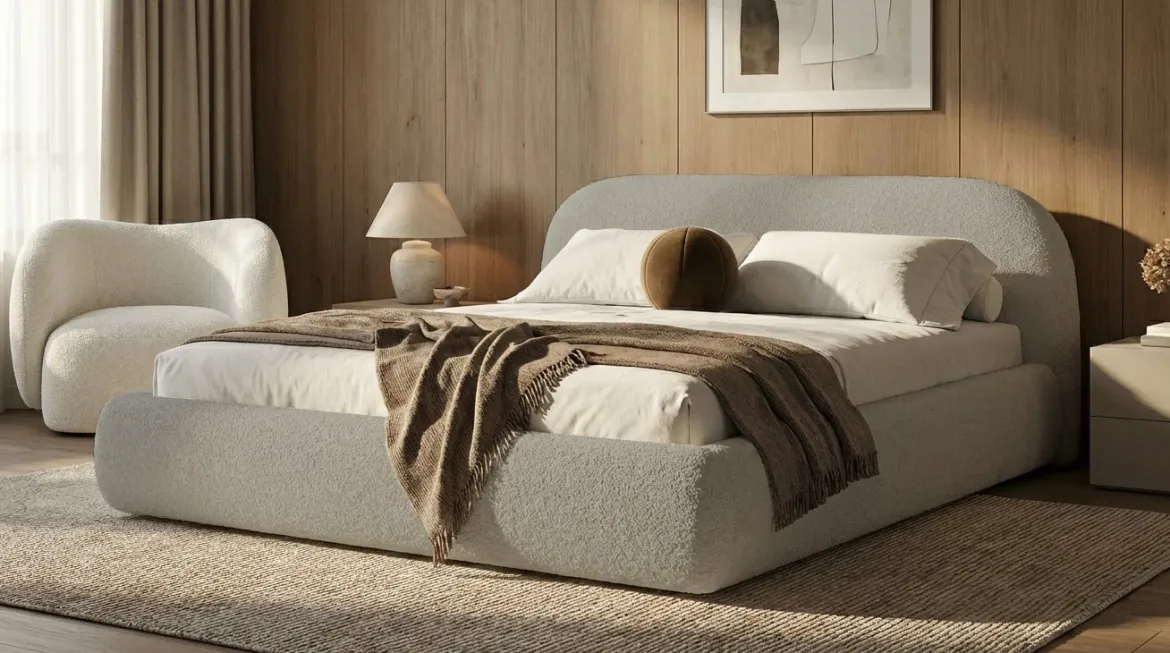 Designer Polsterbett Luma in Bouclé mit Stauraum
