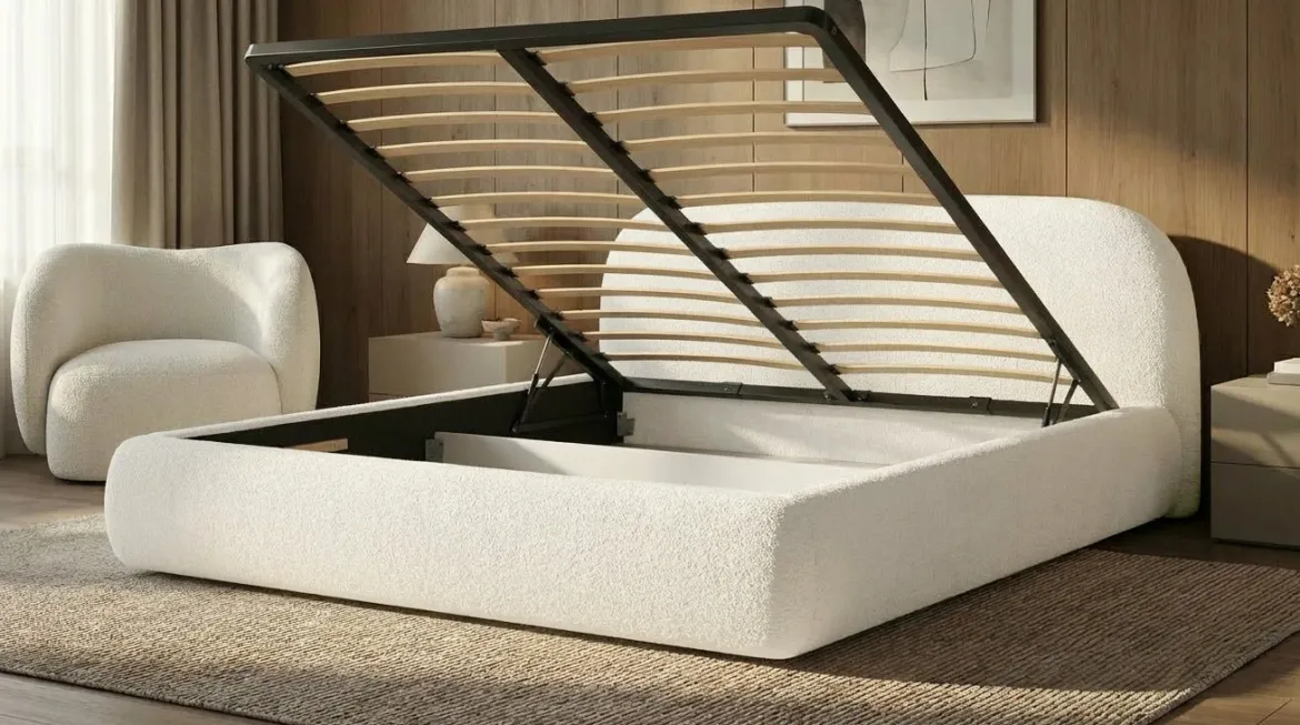 Designer Polsterbett Luma in Bouclé mit Stauraum