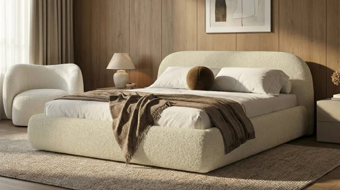 Designer Polsterbett Luma in Bouclé mit Stauraum