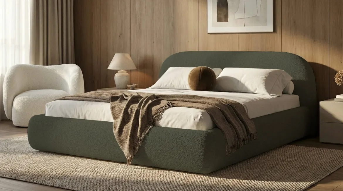 Designer Polsterbett Luma in Bouclé mit Stauraum