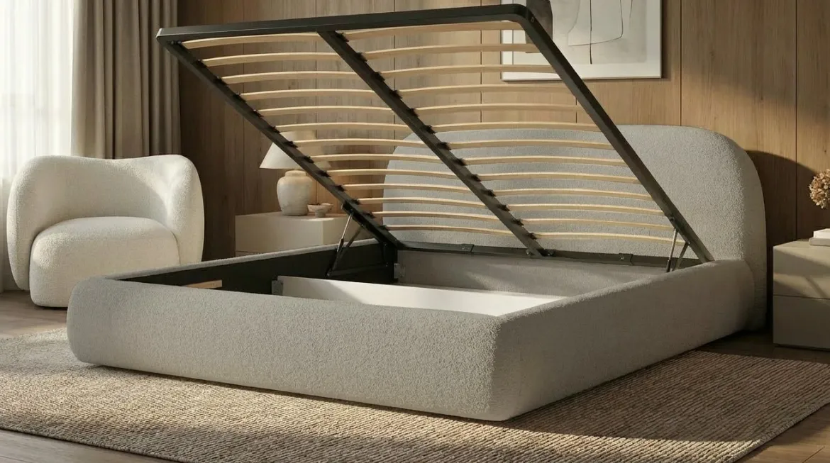 Designer Polsterbett Luma in Bouclé mit Stauraum