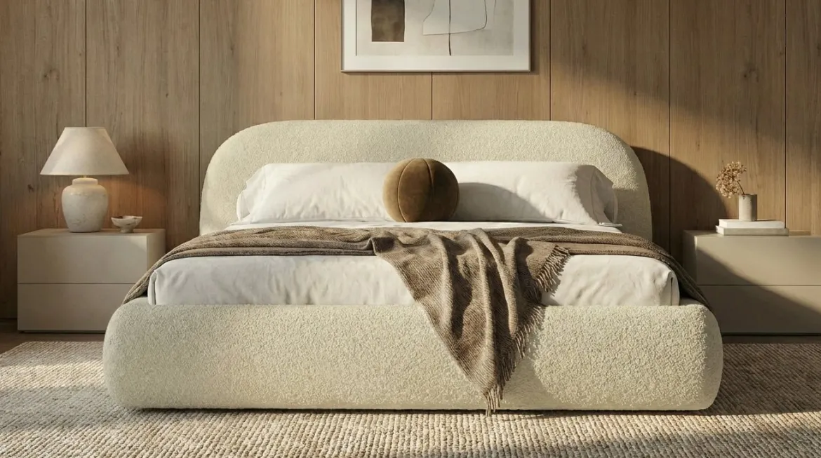 Designer Polsterbett Luma in Bouclé mit Stauraum
