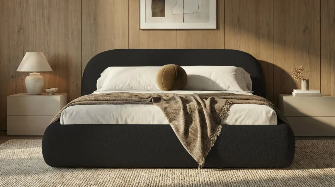 Designer Polsterbett Luma in Bouclé mit Stauraum