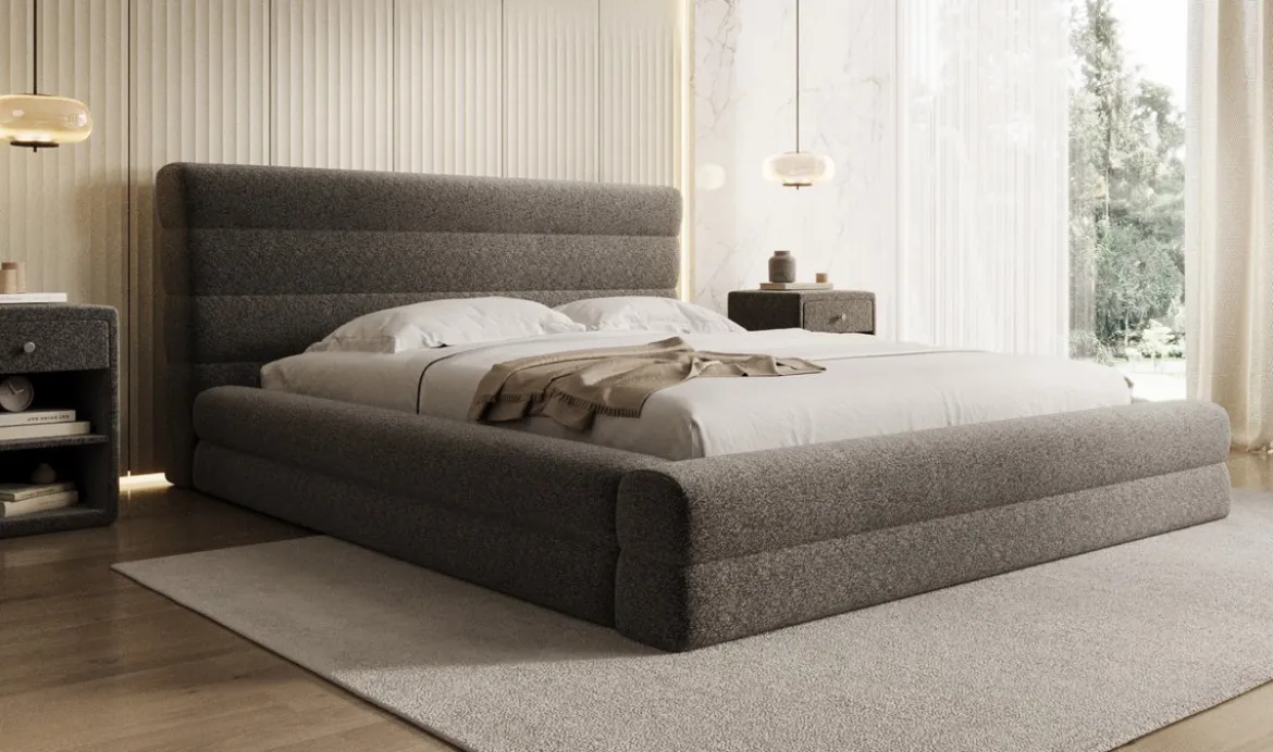 Designer Polsterbett Maren in Strukturstoff mit Stauraum