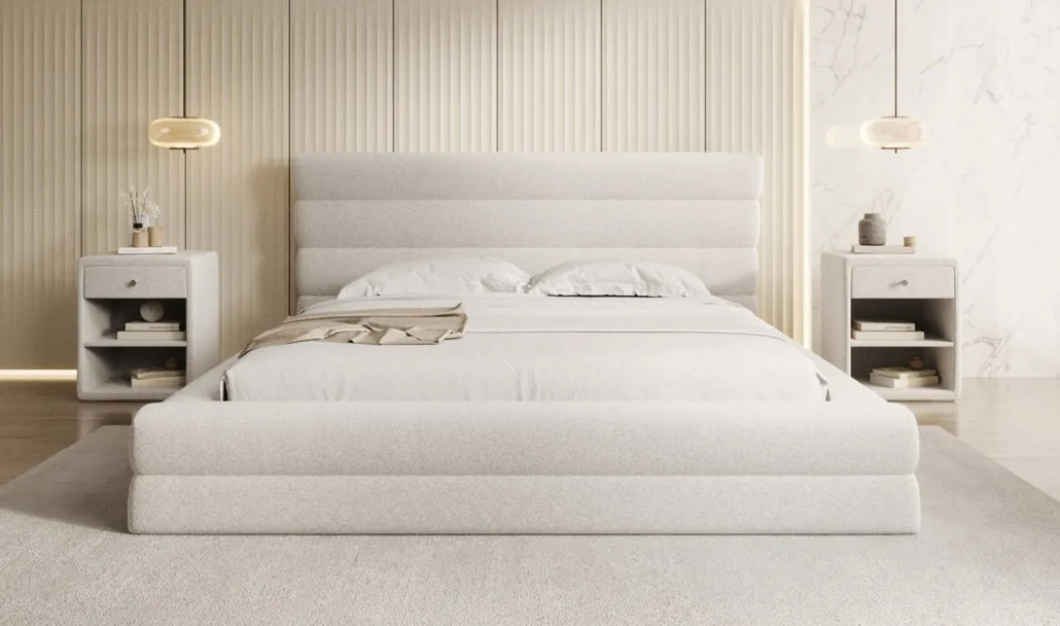 Designer Polsterbett Maren in Strukturstoff mit Stauraum