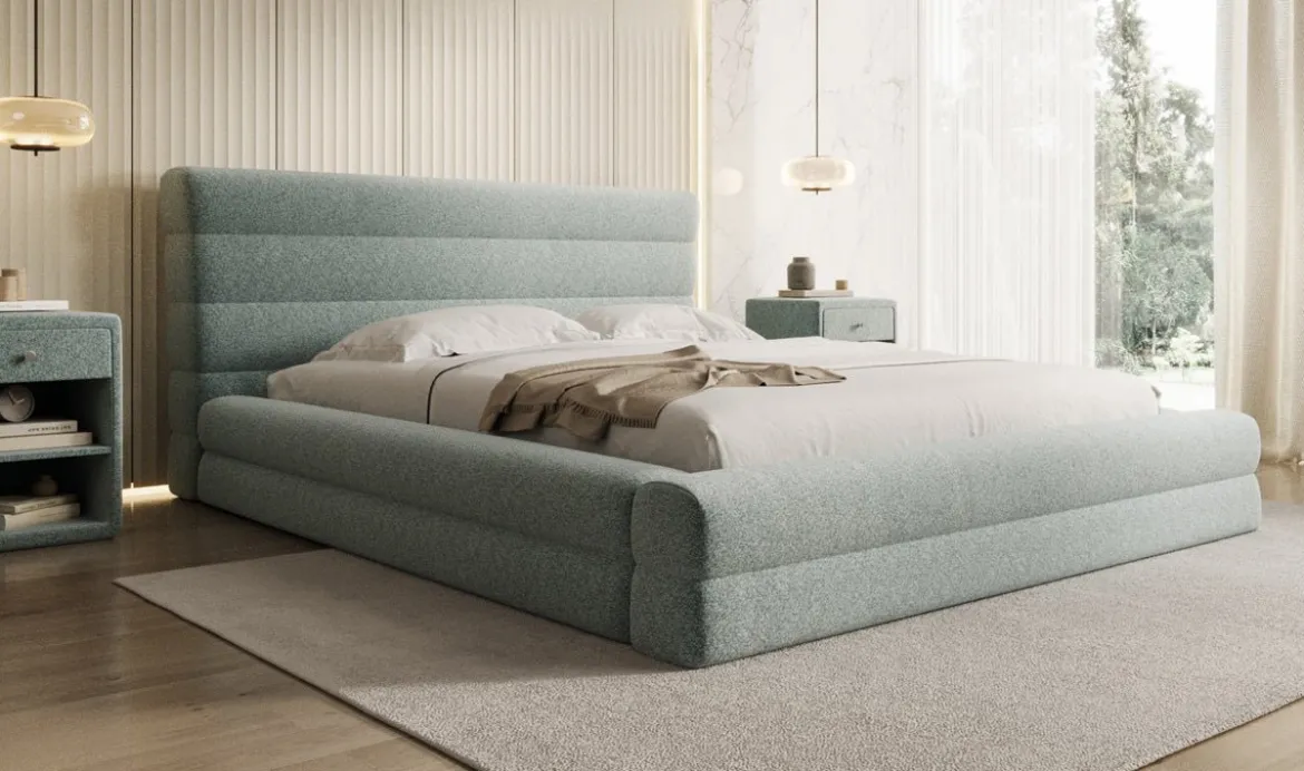 Designer Polsterbett Maren in Strukturstoff mit Stauraum