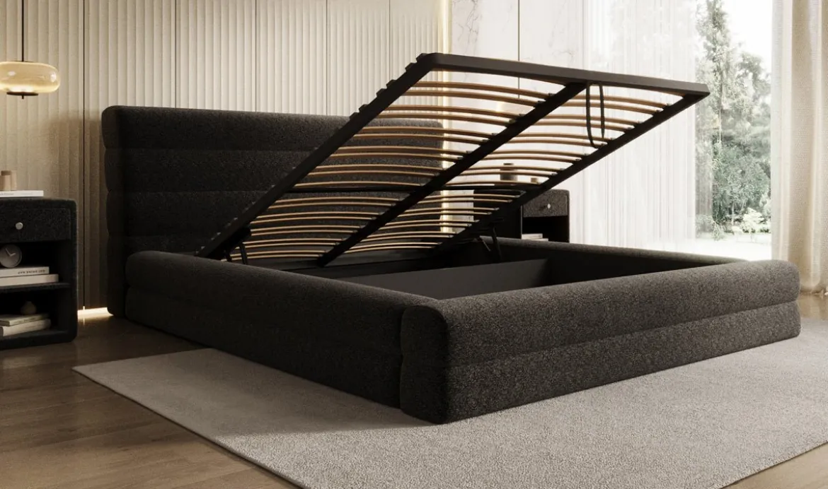 Designer Polsterbett Maren in Strukturstoff mit Stauraum