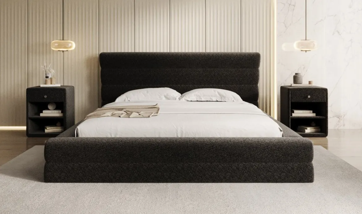 Designer Polsterbett Maren in Strukturstoff mit Stauraum