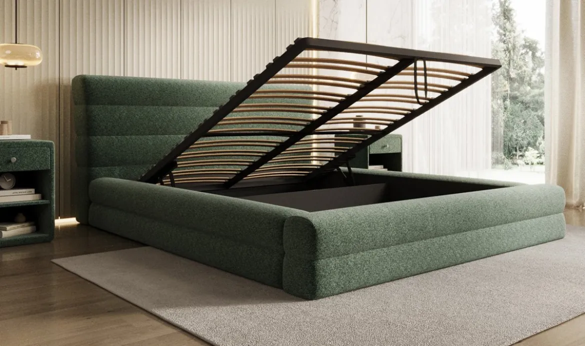 Designer Polsterbett Maren in Strukturstoff mit Stauraum