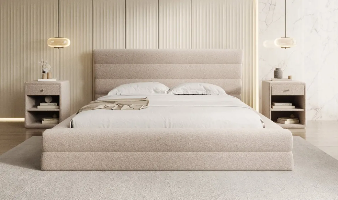 Designer Polsterbett Maren in Strukturstoff mit Stauraum