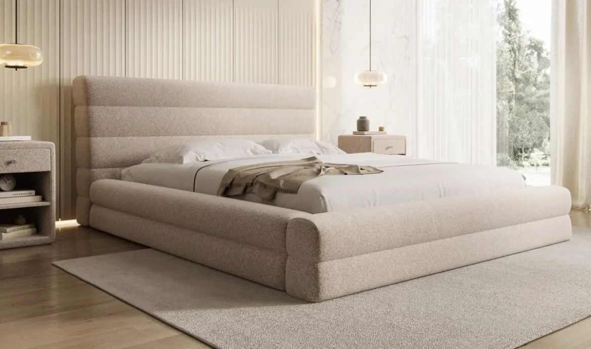 Designer Polsterbett Maren in Strukturstoff mit Stauraum