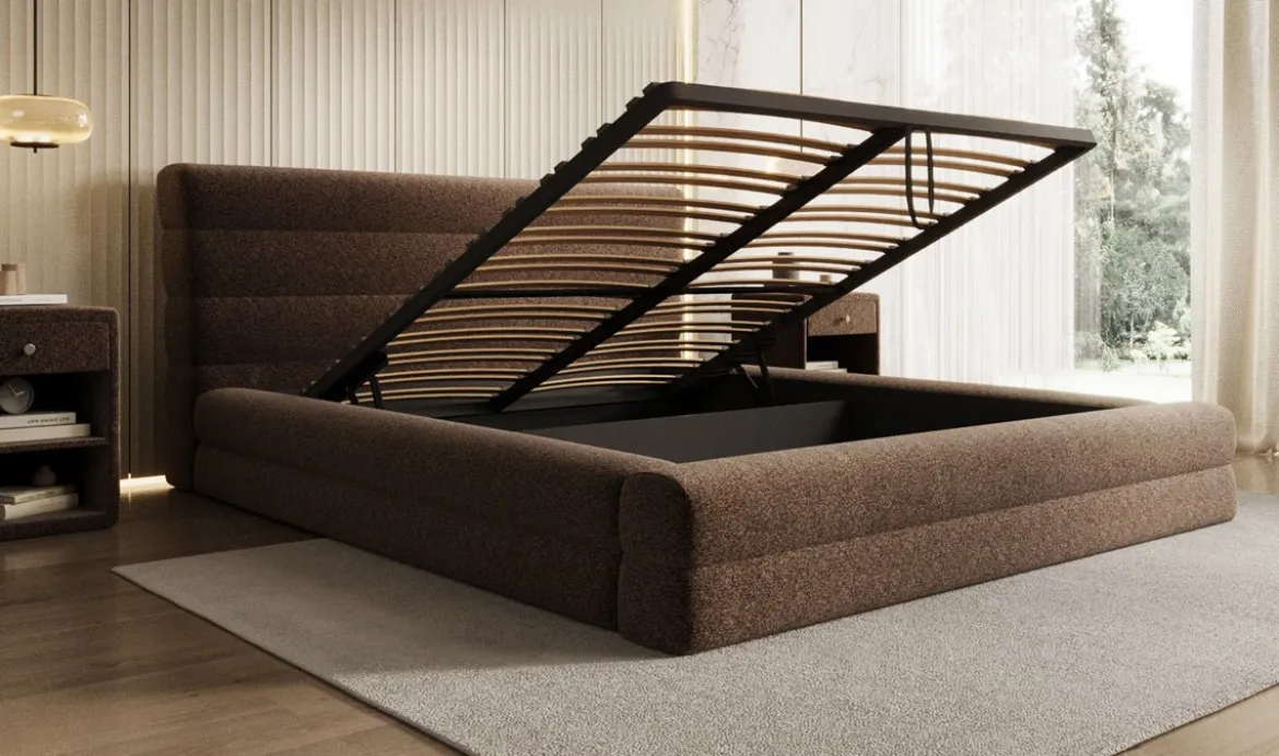 Designer Polsterbett Maren in Strukturstoff mit Stauraum