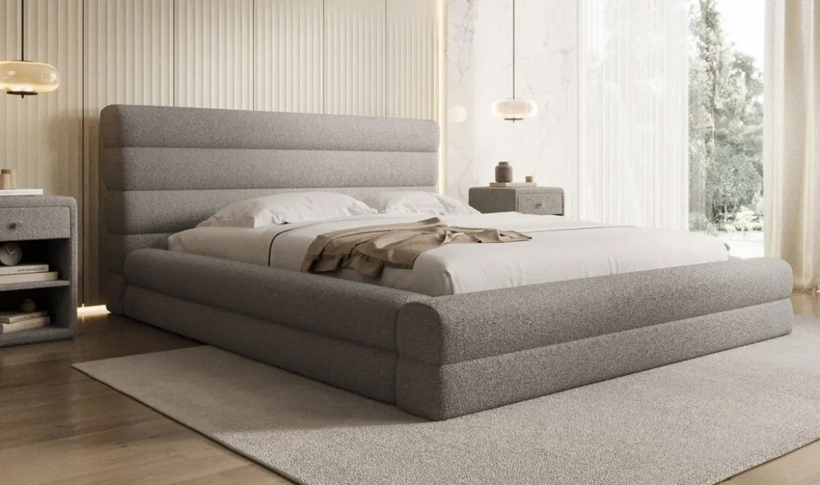 Designer Polsterbett Maren in Teddy Bouclé mit Stauraum