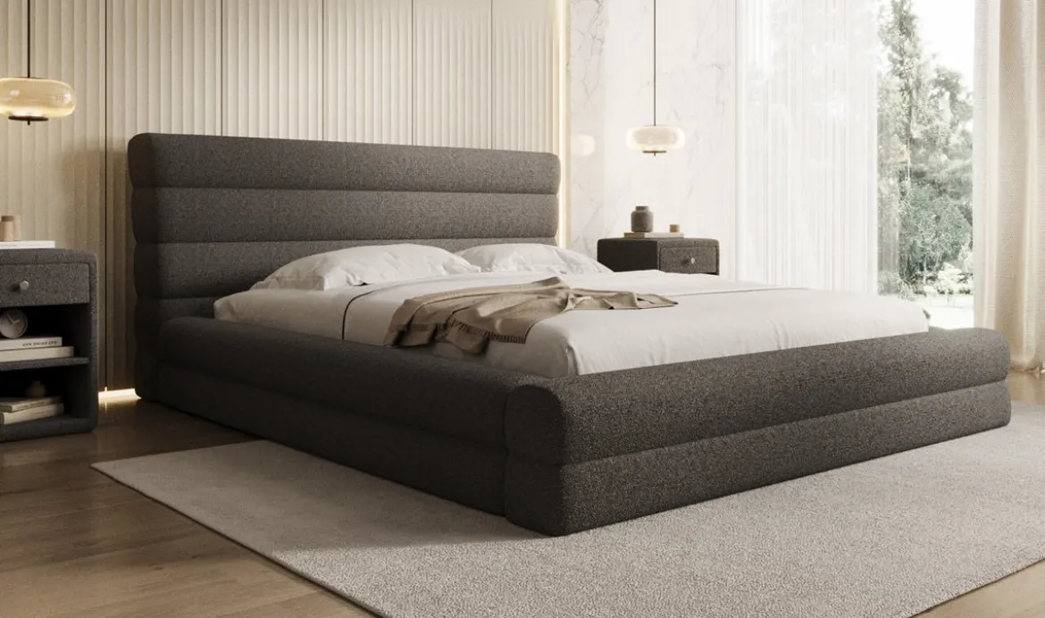 Designer Polsterbett Maren in Teddy Bouclé mit Stauraum