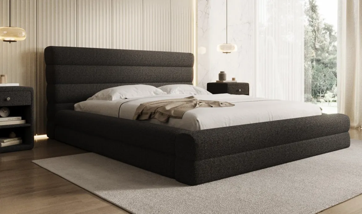 Designer Polsterbett Maren in Teddy Bouclé mit Stauraum