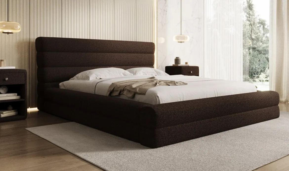 Designer Polsterbett Maren in Teddy Bouclé mit Stauraum