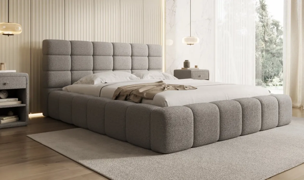 Designer Polsterbett Marshmallow in Teddy Bouclé mit Stauraum