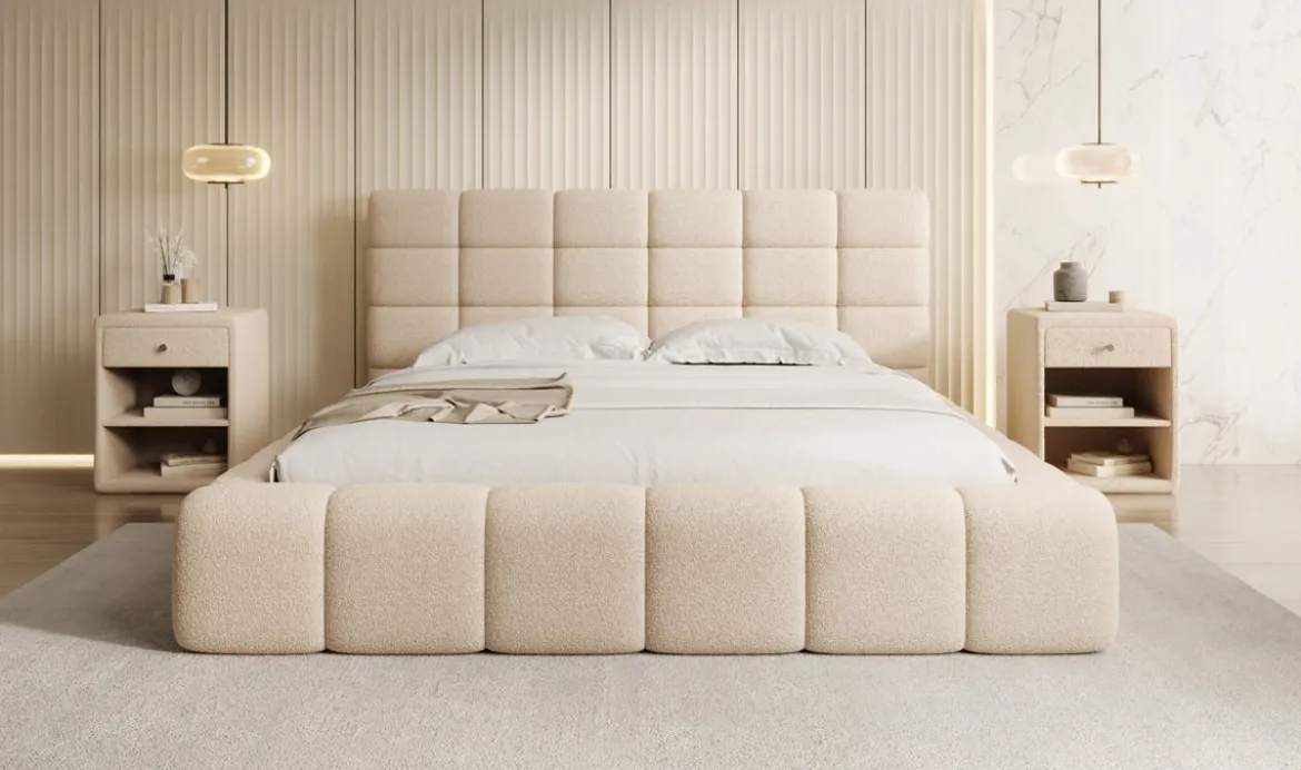 Designer Polsterbett Marshmallow in Teddy Bouclé mit Stauraum