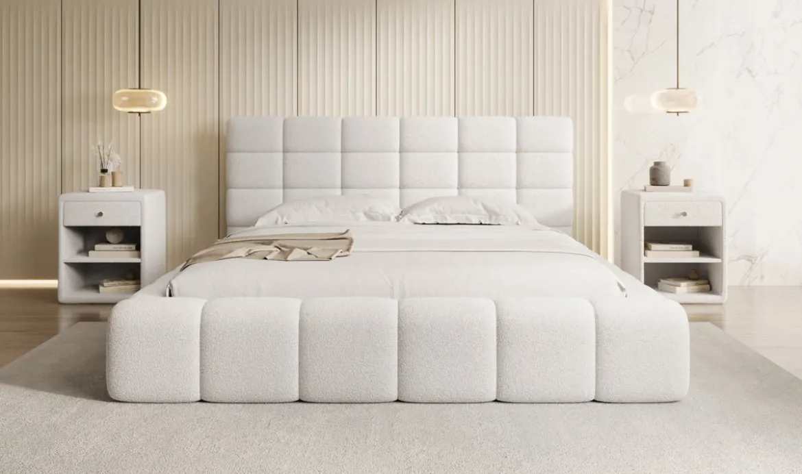 Designer Polsterbett Marshmallow in Teddy Bouclé mit Stauraum