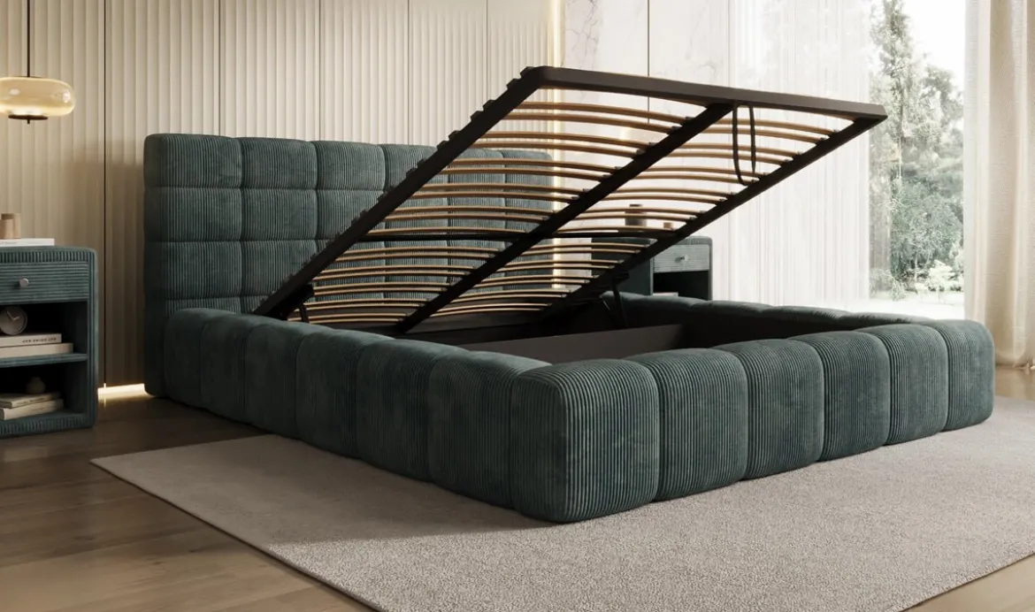 Designer Polsterbett Marshmallow in Cord mit Stauraum