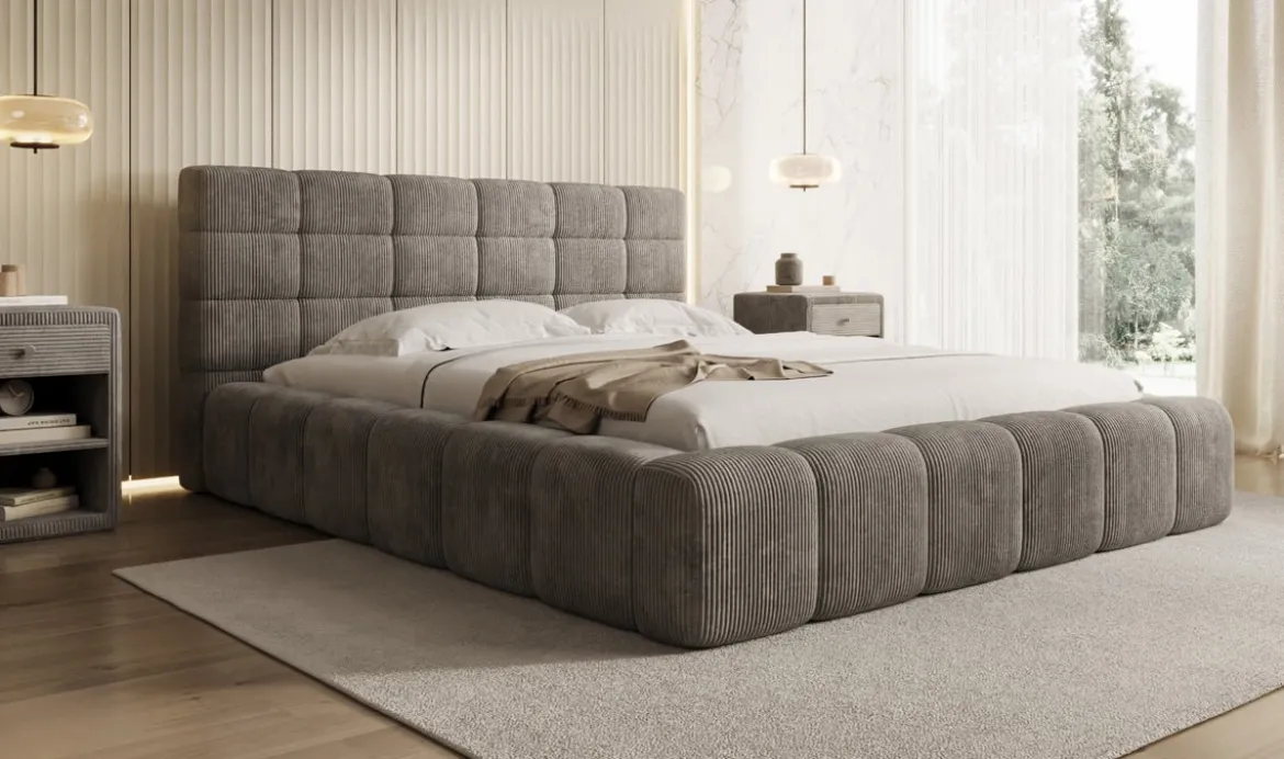 Designer Polsterbett Marshmallow in Cord mit Stauraum