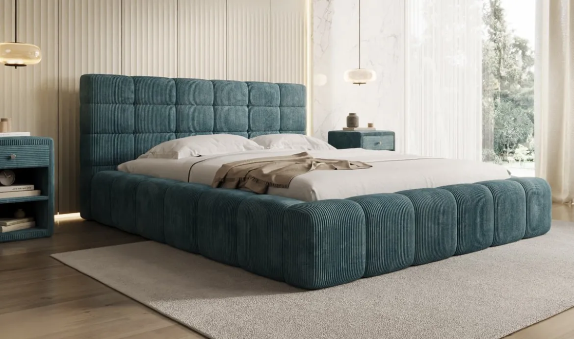 Designer Polsterbett Marshmallow in Cord mit Stauraum