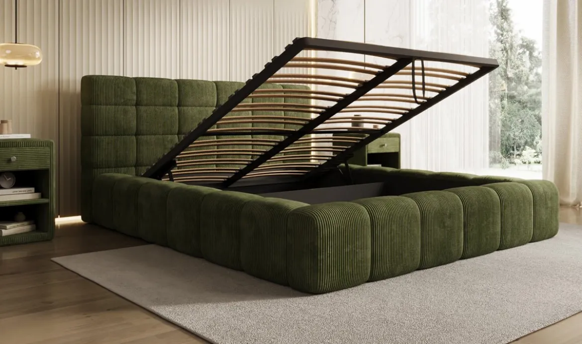 Designer Polsterbett Marshmallow in Cord mit Stauraum