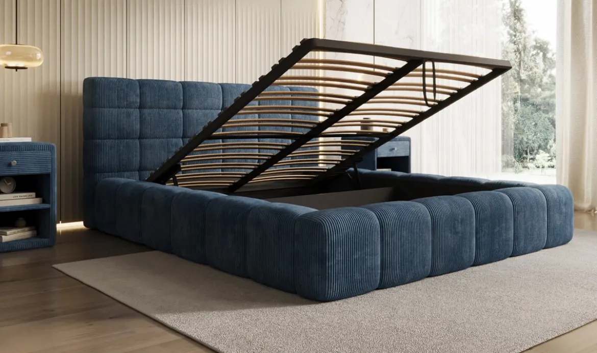 Designer Polsterbett Marshmallow in Cord mit Stauraum