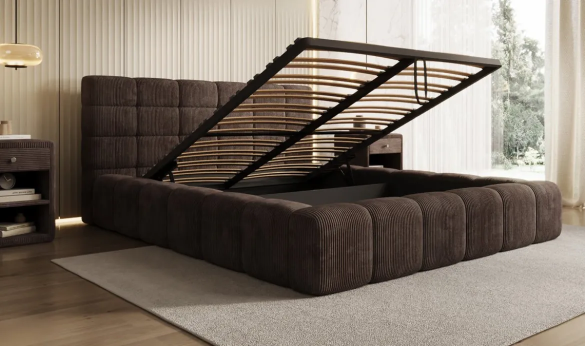 Designer Polsterbett Marshmallow in Cord mit Stauraum