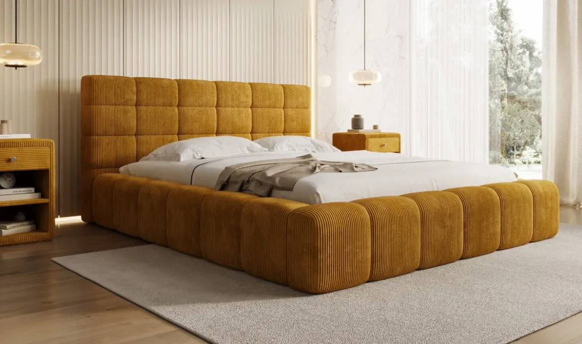 Designer Polsterbett Marshmallow in Cord mit Stauraum
