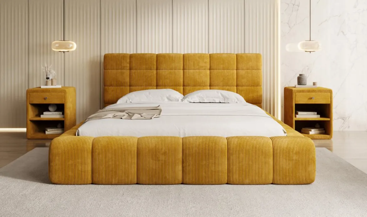 Designer Polsterbett Marshmallow in Cord mit Stauraum