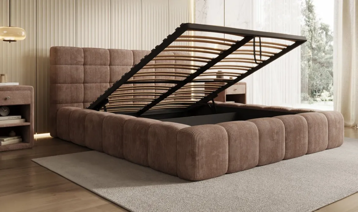 Designer Polsterbett Marshmallow in Cord mit Stauraum