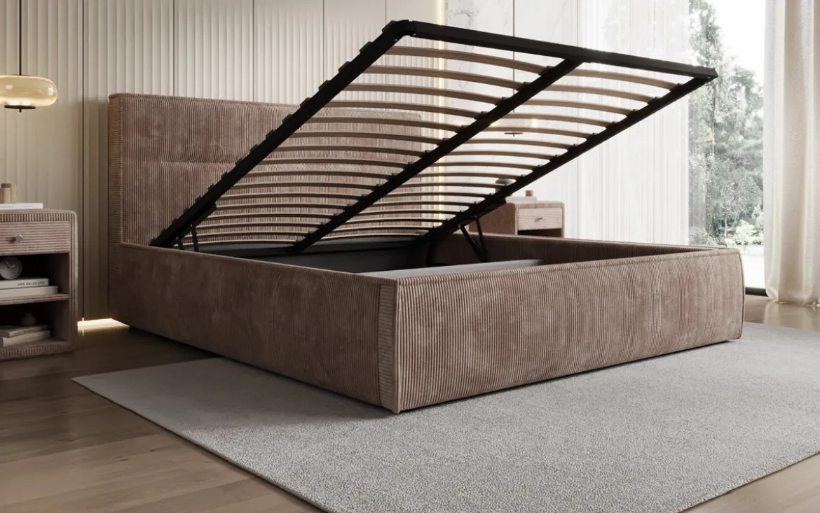 Designer Polsterbett Merry in Cord mit Stauraum