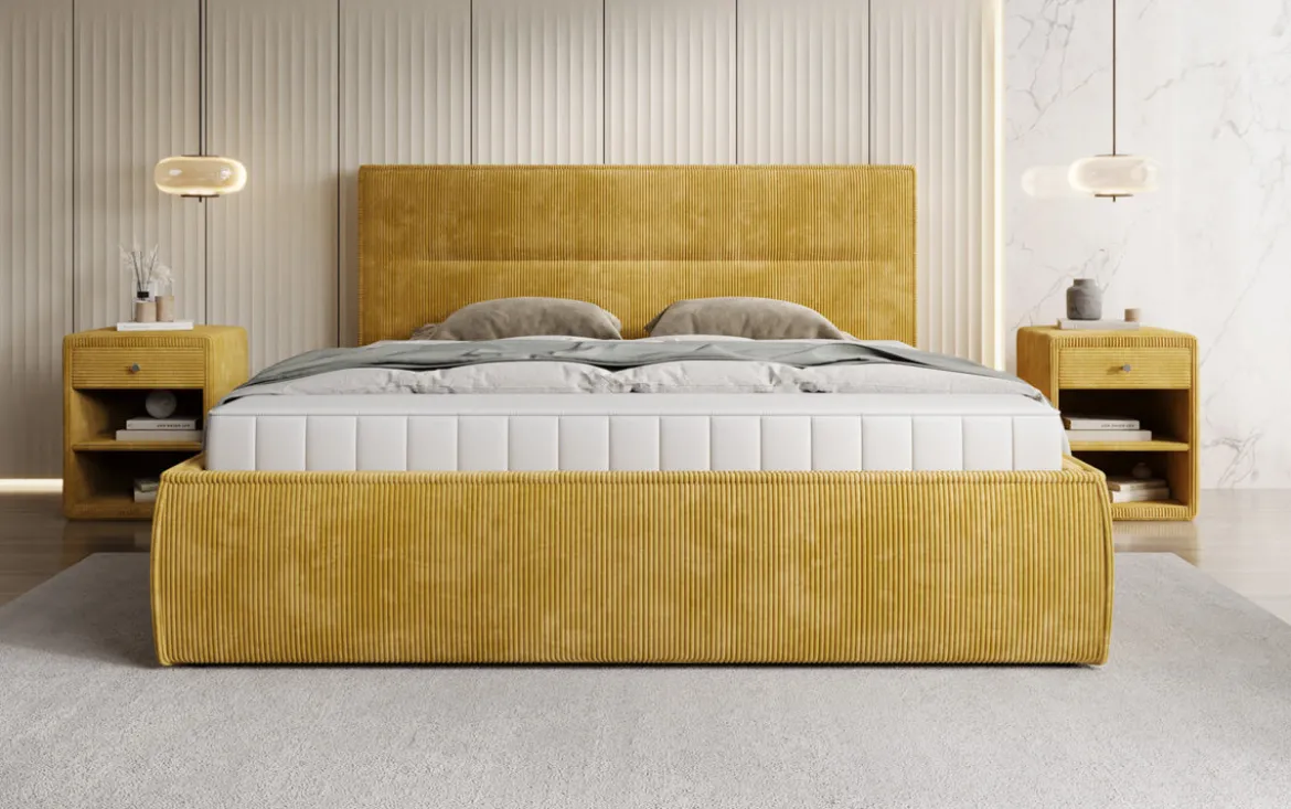 Designer Polsterbett Merry in Cord mit Stauraum