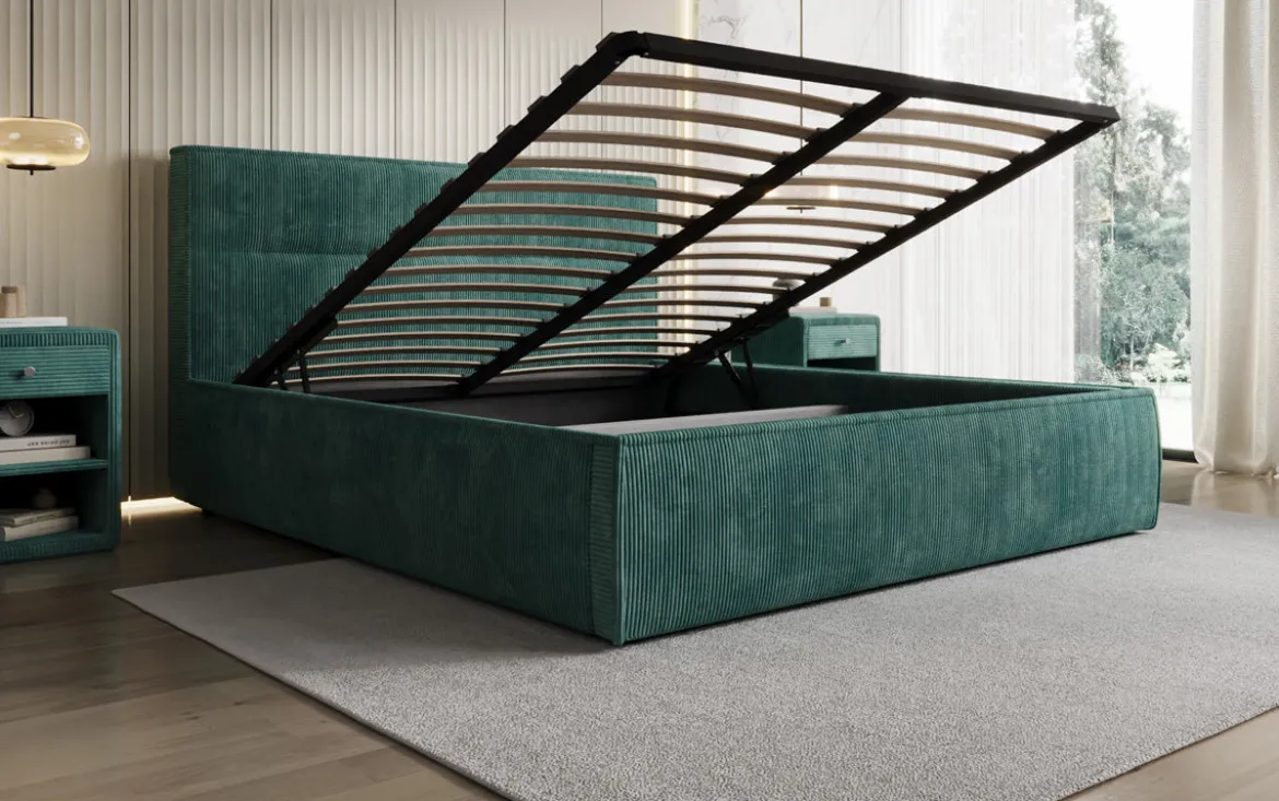 Designer Polsterbett Merry in Cord mit Stauraum
