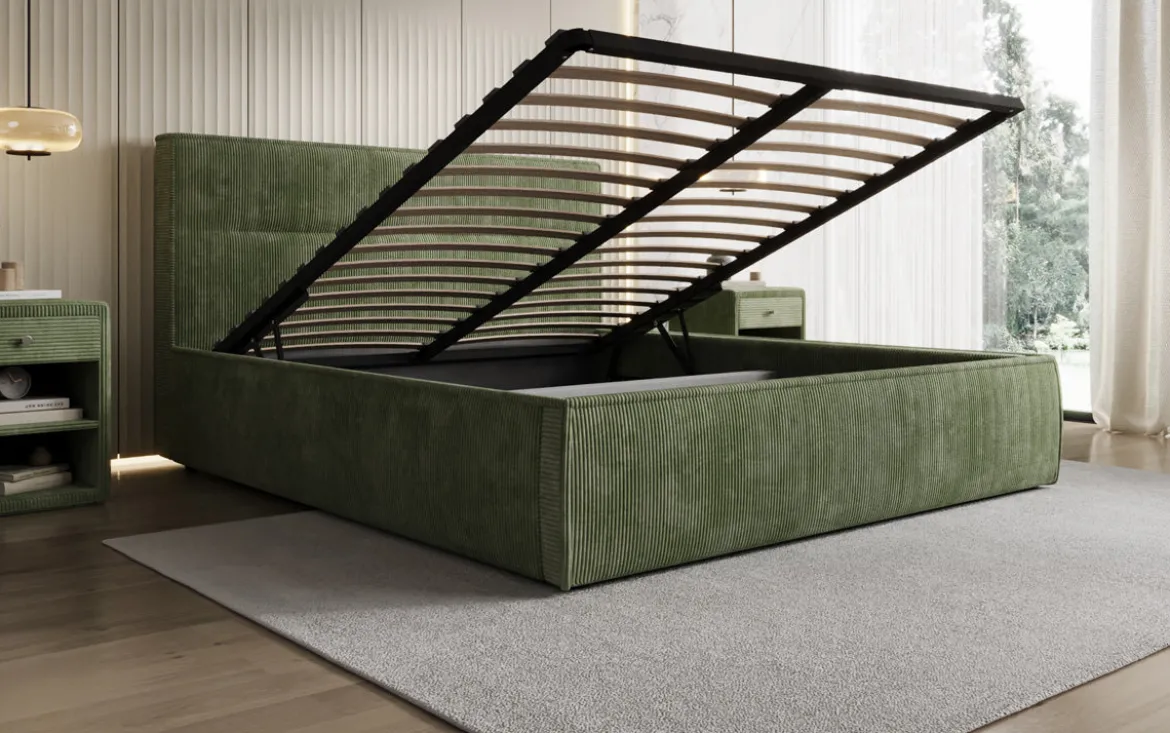 Designer Polsterbett Merry in Cord mit Stauraum