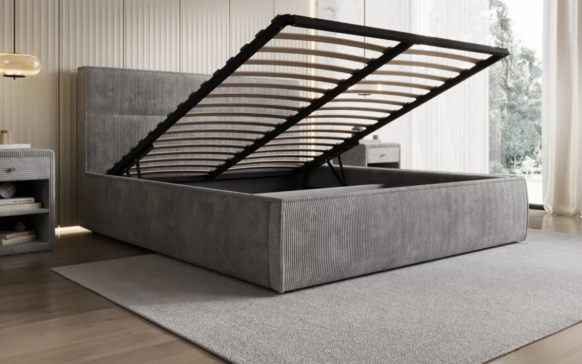 Designer Polsterbett Merry in Cord mit Stauraum