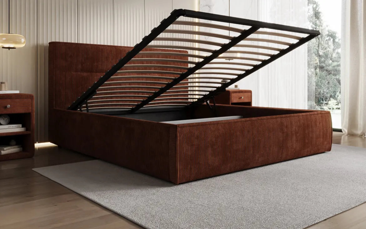 Designer Polsterbett Merry in Cord mit Stauraum