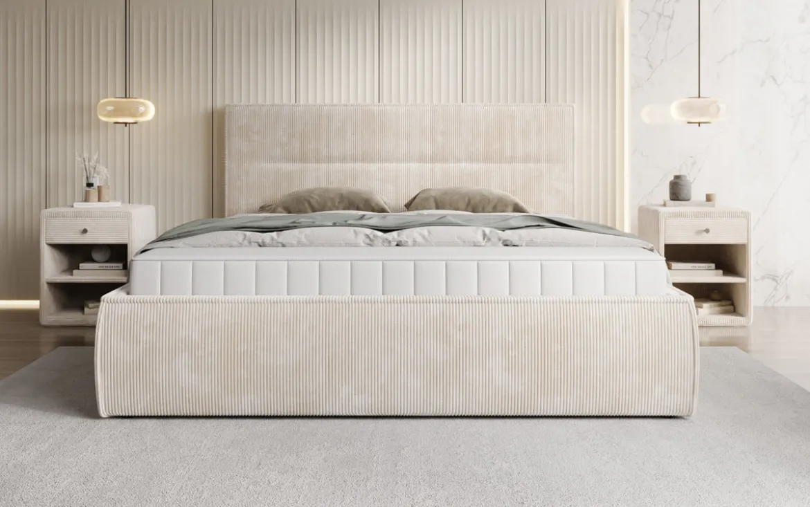 Designer Polsterbett Merry in Cord mit Stauraum