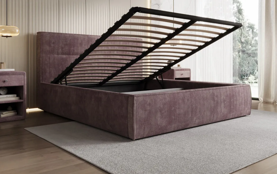Designer Polsterbett Merry in Cord mit Stauraum