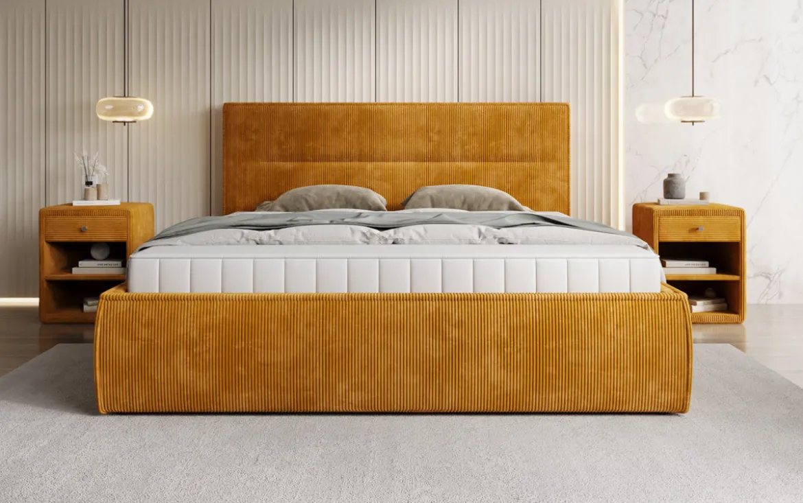 Designer Polsterbett Merry in Cord mit Stauraum