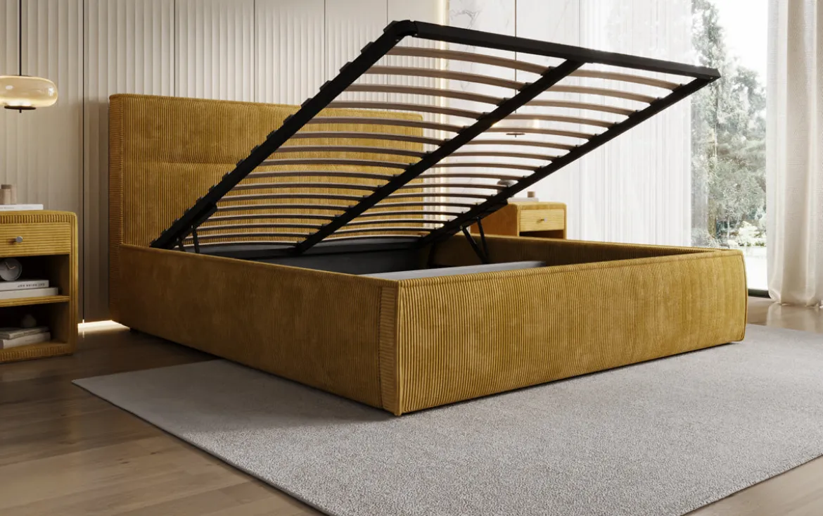 Designer Polsterbett Merry in Cord mit Stauraum