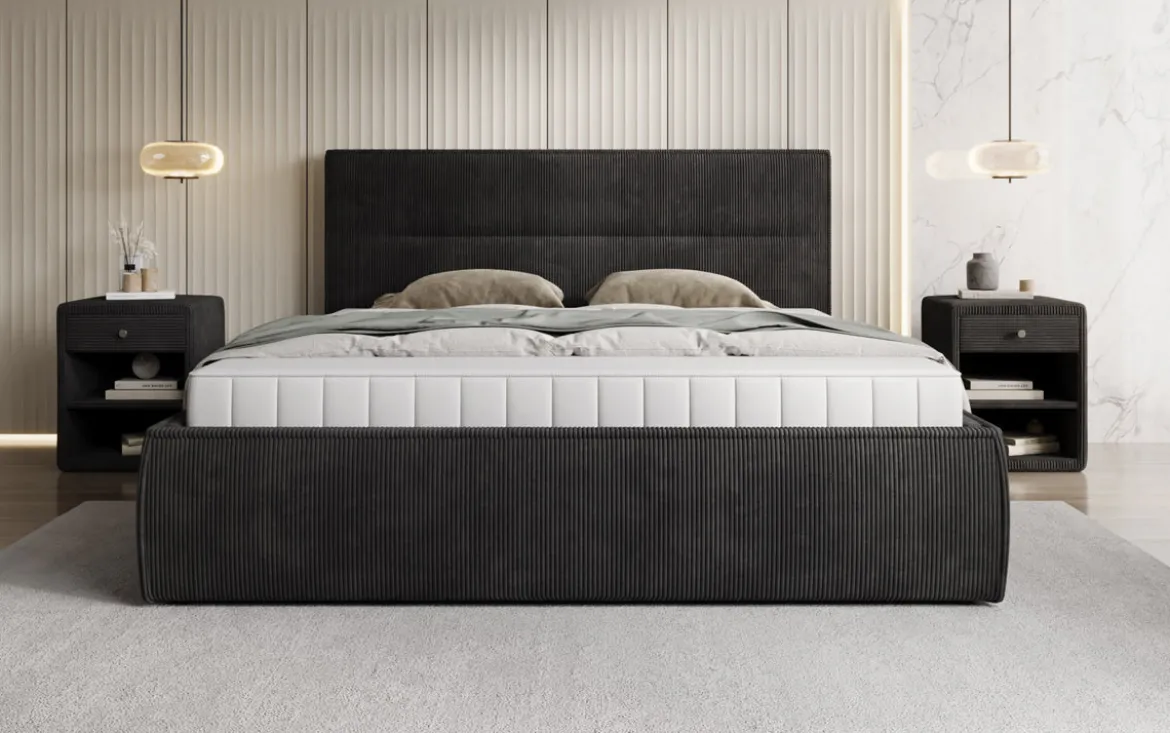 Designer Polsterbett Merry in Cord mit Stauraum