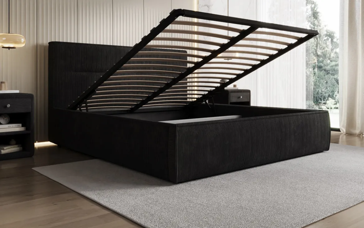 Designer Polsterbett Merry in Cord mit Stauraum