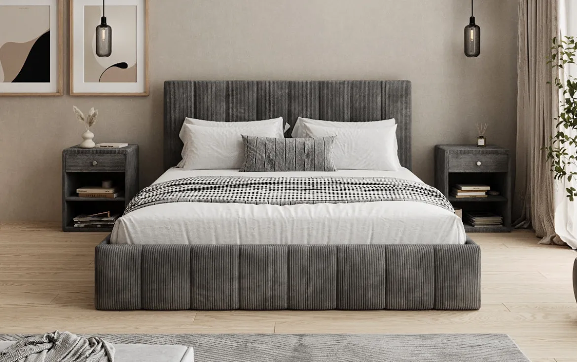 Designer Polsterbett Mila in Cord mit Stauraum
