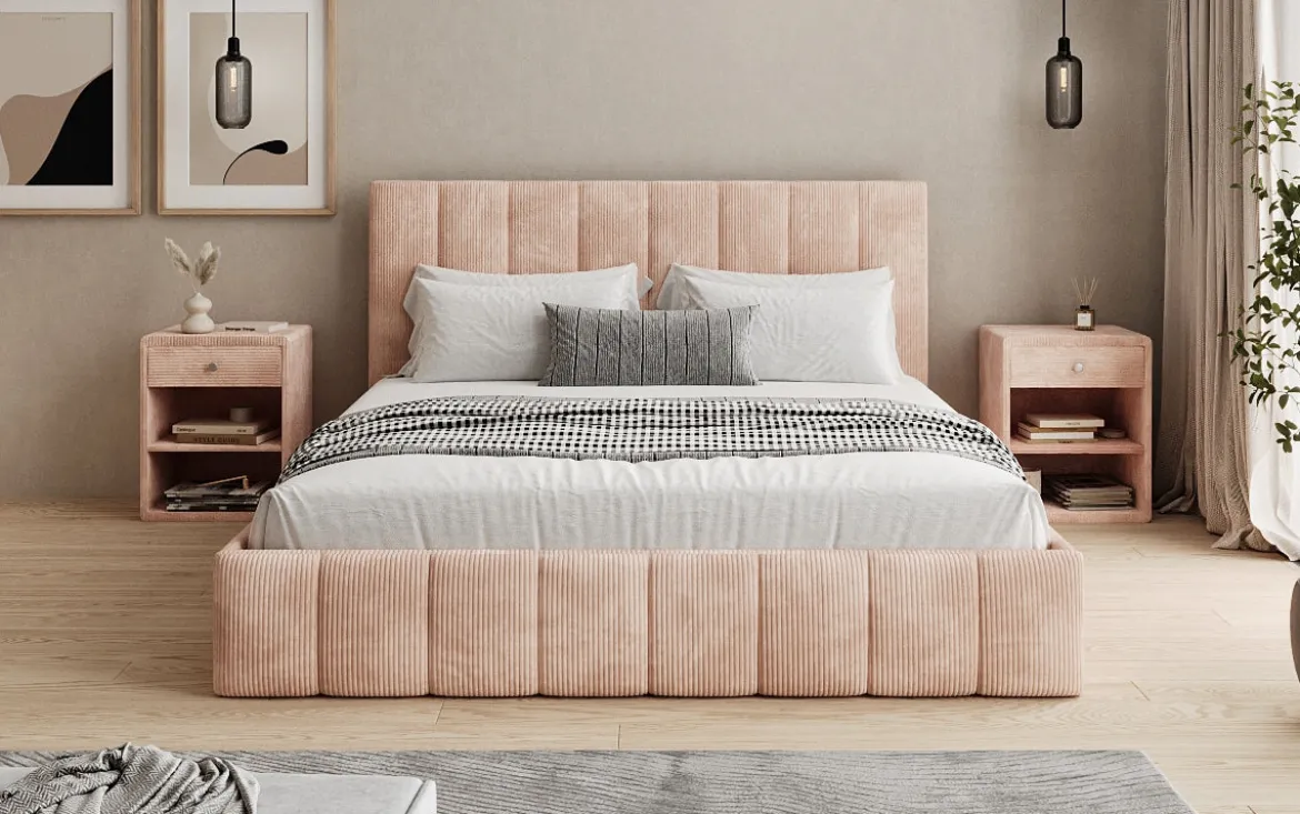 Designer Polsterbett Mila in Cord mit Stauraum