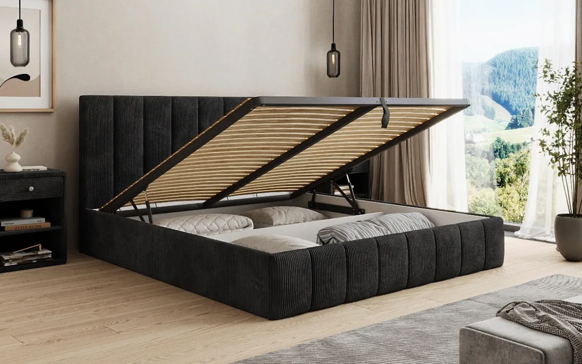Designer Polsterbett Mila in Cord mit Stauraum