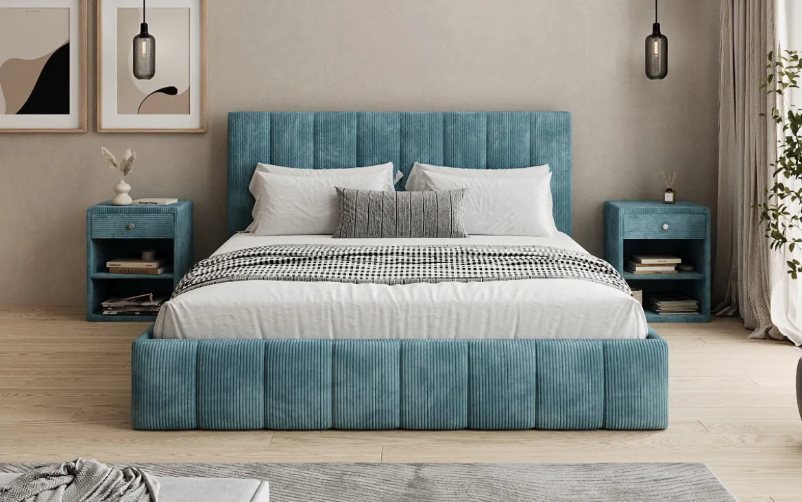 Designer Polsterbett Mila in Cord mit Stauraum