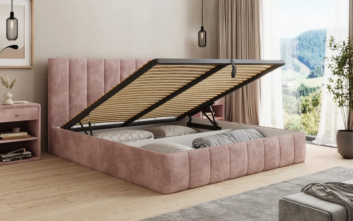 Designer Polsterbett Mila in Cord mit Stauraum